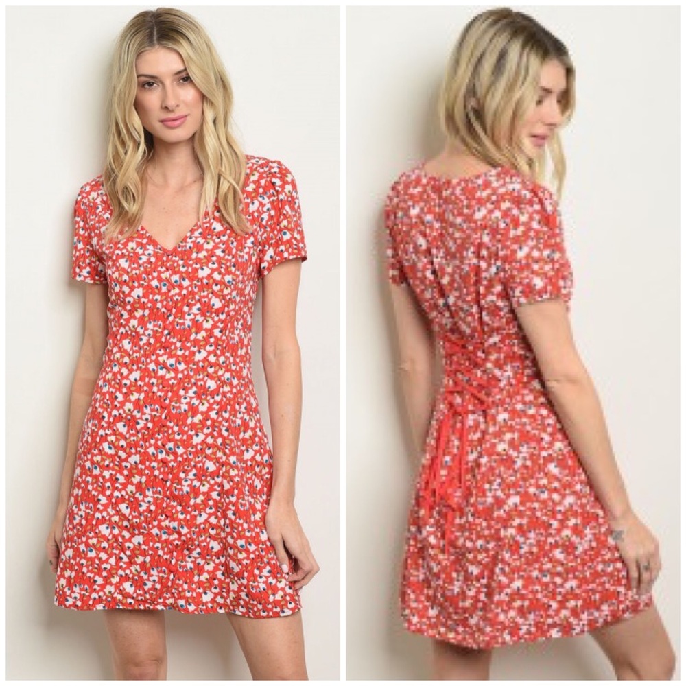 Mini red floral print dress
